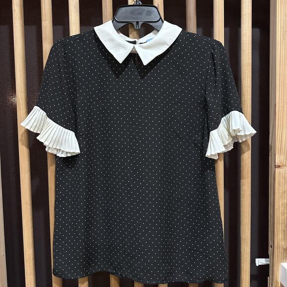 CeCe Shirt Womens Small Black White Polka Dot Peter Pan Collar Ruffle Sleeve - Picture 1 of 7